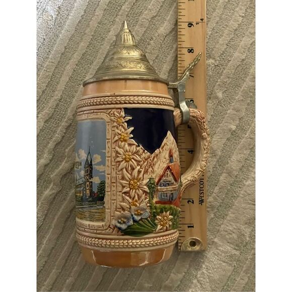 Vintage German Beer Stein Handmade Handpainted Pewter Lid Ramstein Pfalz Town - Picture 14 of 15